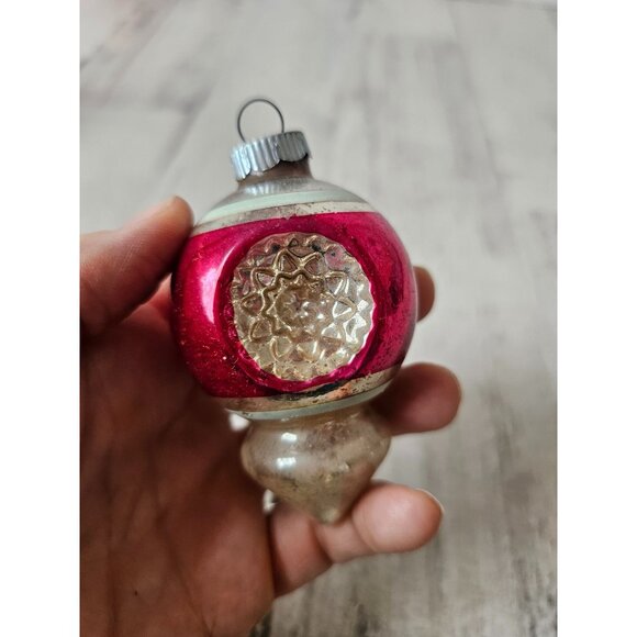 Vintage radko indent double teardrop pink striped ornament mercury glass Xmas tr - Picture 9 of 14